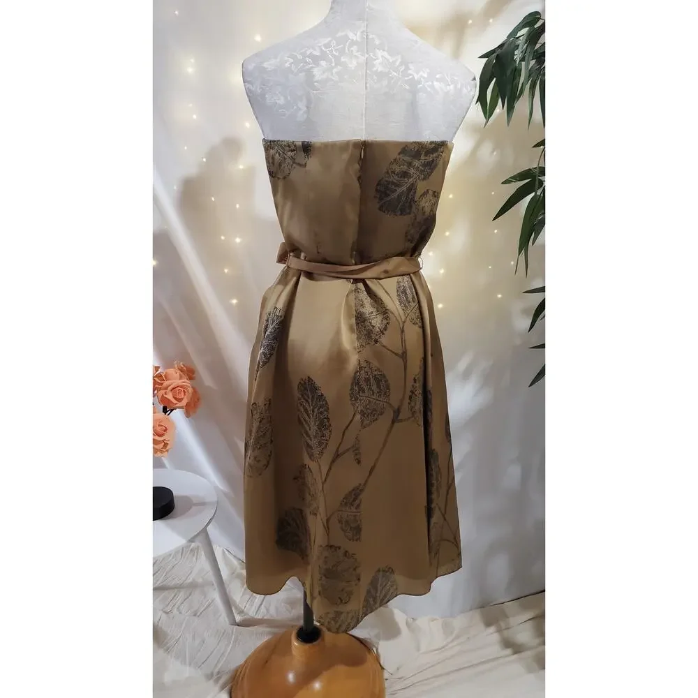 Talbots Vtg 100% Silk Leaf Tie Waist Strapless Dress Womens Size 10 Gold Beige